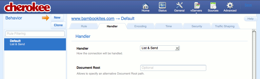 The Handler tab on the vServers page of the Cherokee admin panel on Fedora 13.